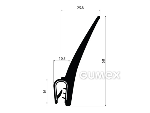 Profil U-PIRELI s kovovou výztuží s praporkem A1105/6, pro nasunutí 4-6mm, 78°ShA, U-PVC, praporek-EPDM, -25°C/+70°C, černý